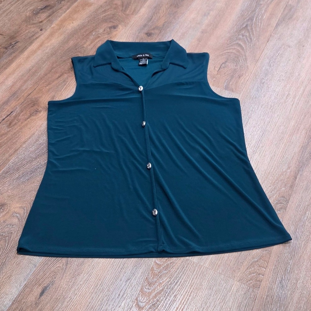Adele & May Womens Sleeveless Knit Top Teal Green Sheer Mesh Panel Size L N20026